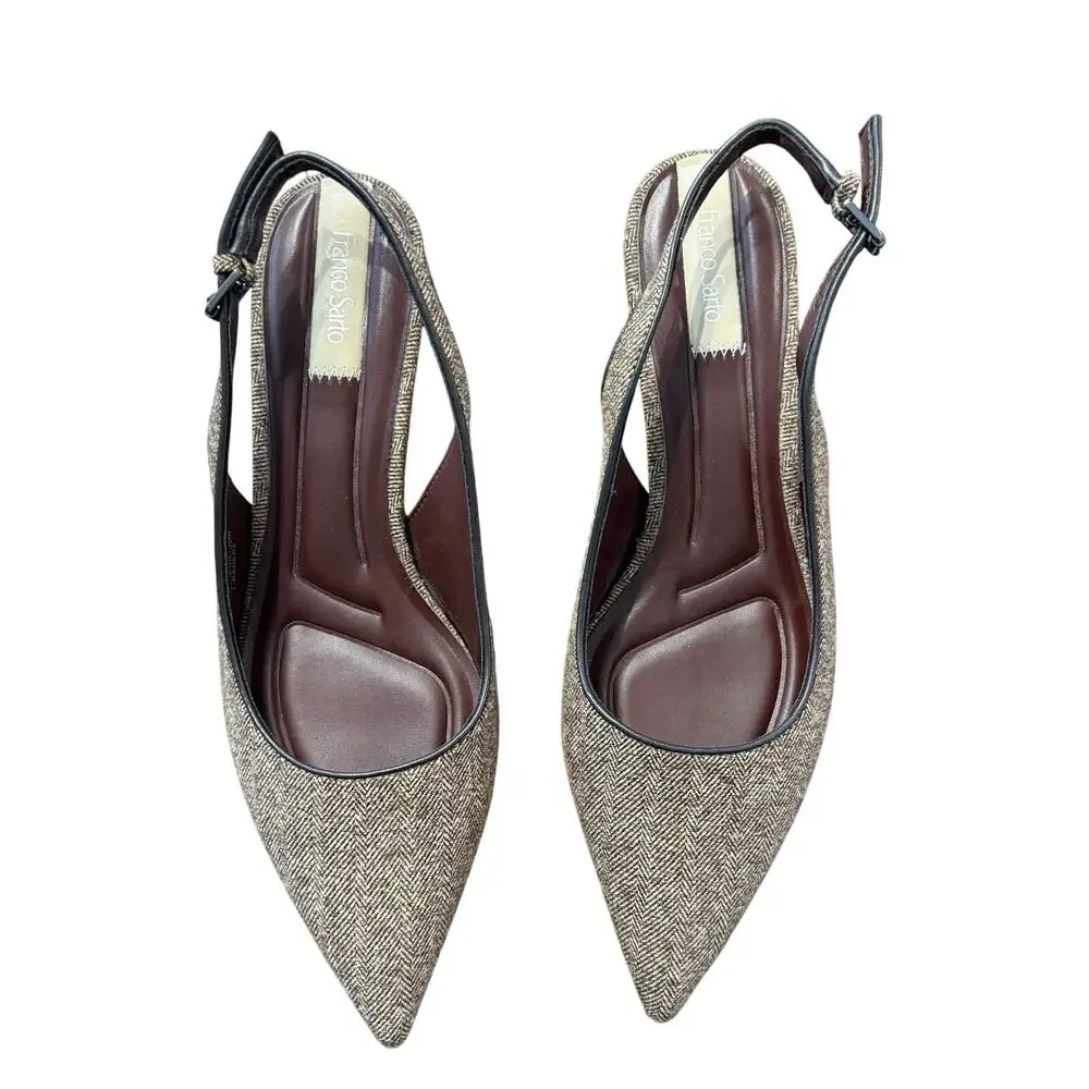 Franco Sarto Women’s brown tweed herringbone block heel sling back, Size 11M